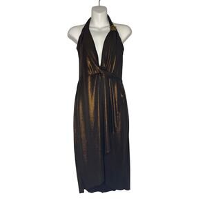 Vintage Betsey Johnson Gold Metallic High Low Halter Dress Women’s Size Large